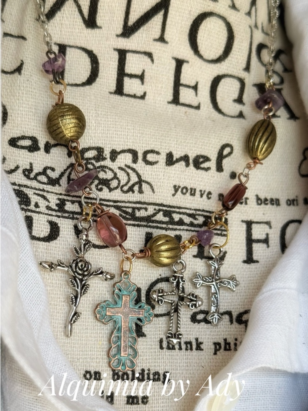 AMETHYST Multicharm Cross Necklace in  Green Patina , Brown and Silver